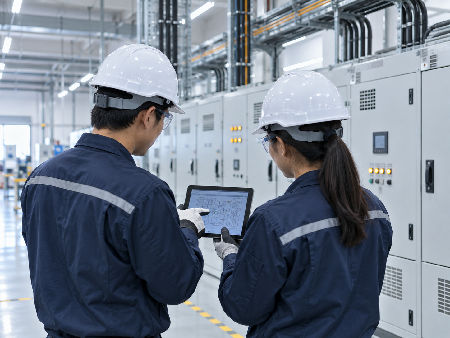 電気設備の施工計画を確認する技術者のイメージ（AI生成）